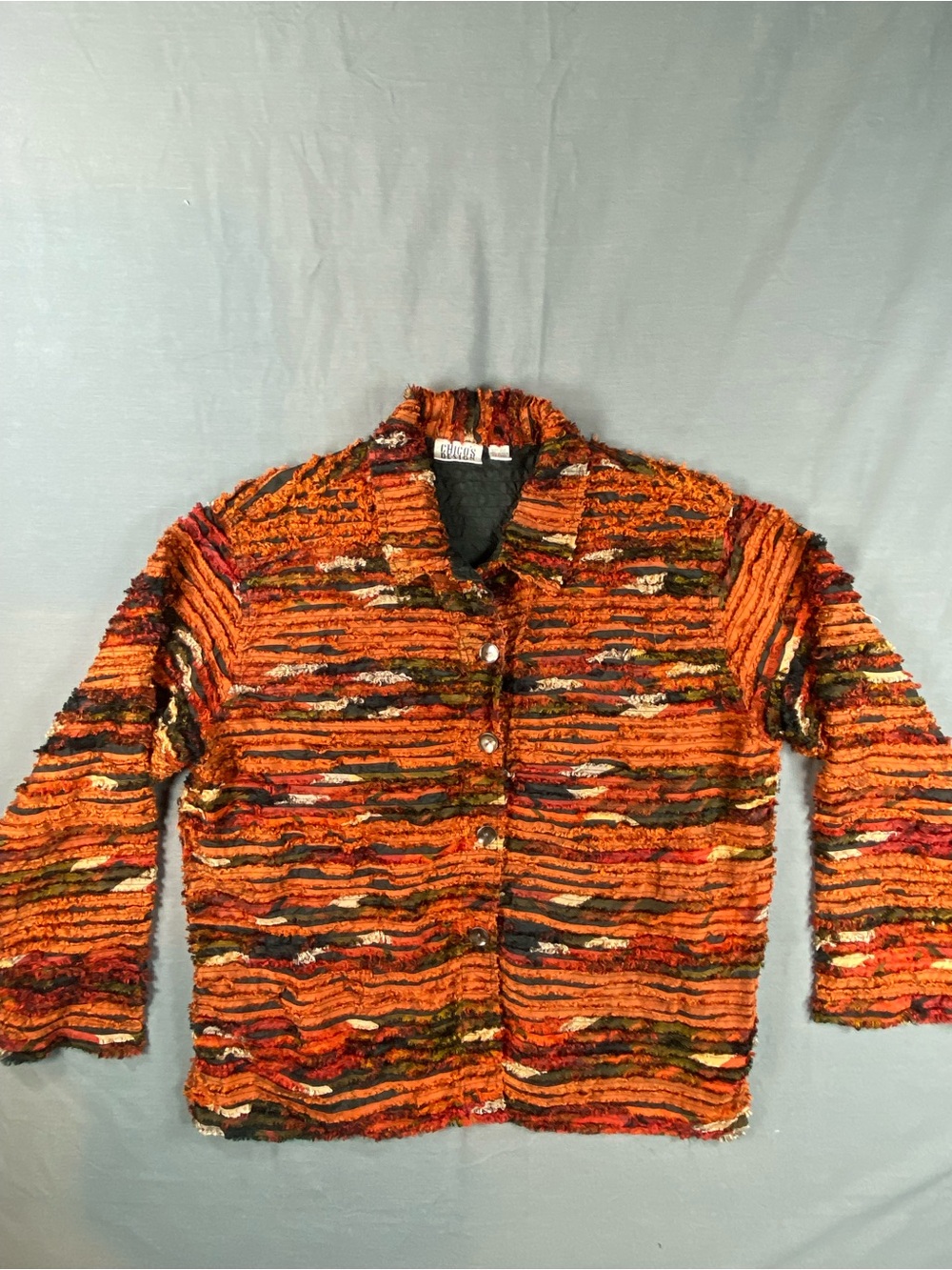 Vintage Chico's Multicolor Textured Orange Striped silk ribbon Jacket